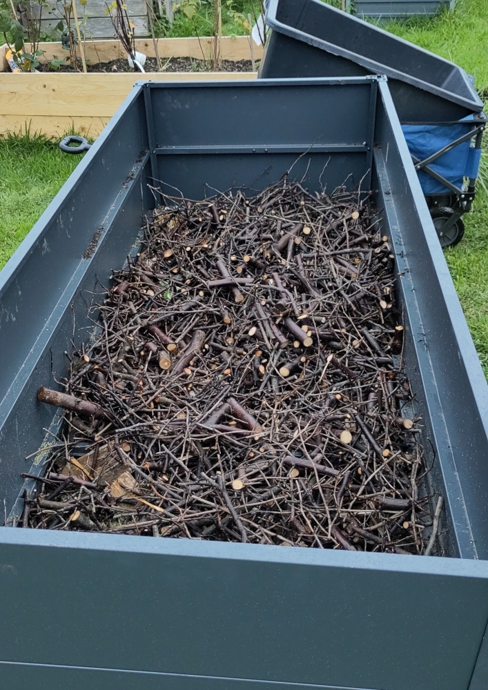 Metallbeet mit Strauchschnitt fast gefüllt